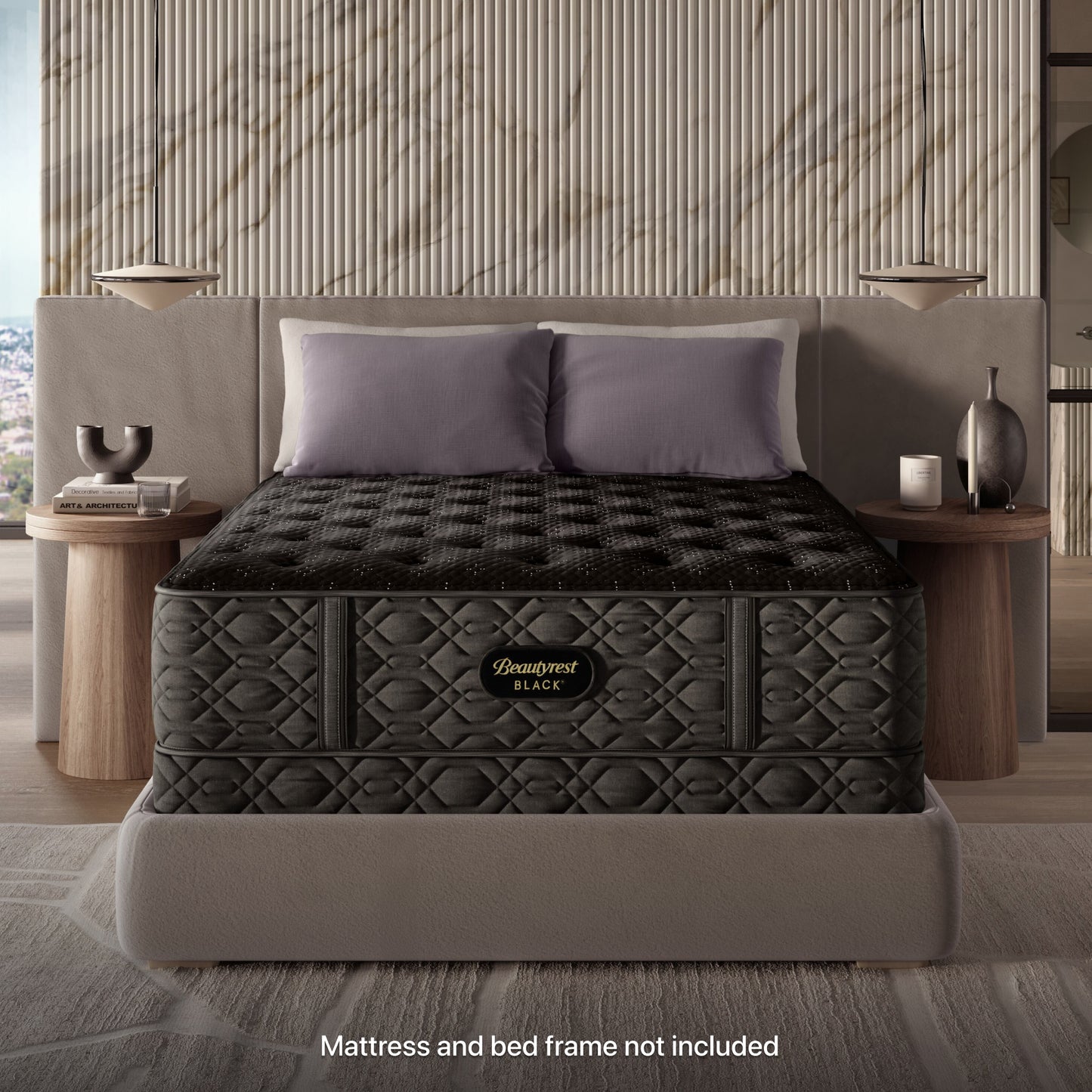 Beautyrest Black Low Profile Foundation with a Beautyrest Black Mattress on top of it, both sitting in a grey bedframe with 2 pillows on top of it