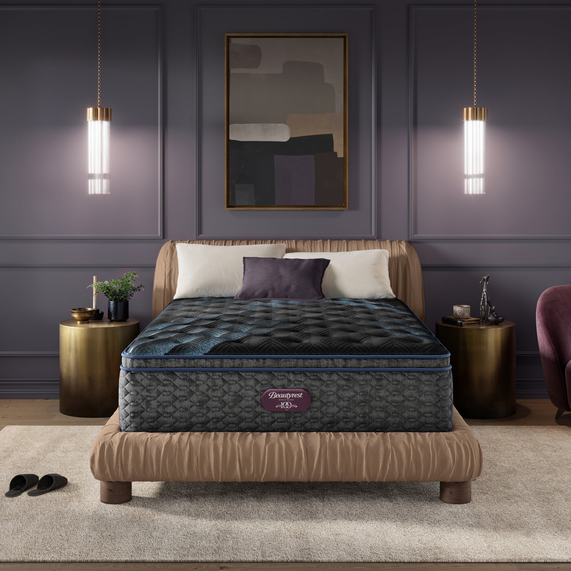 Beautyrest World Class mattress sitting in a brown bed frame with 3 pillows on top of it