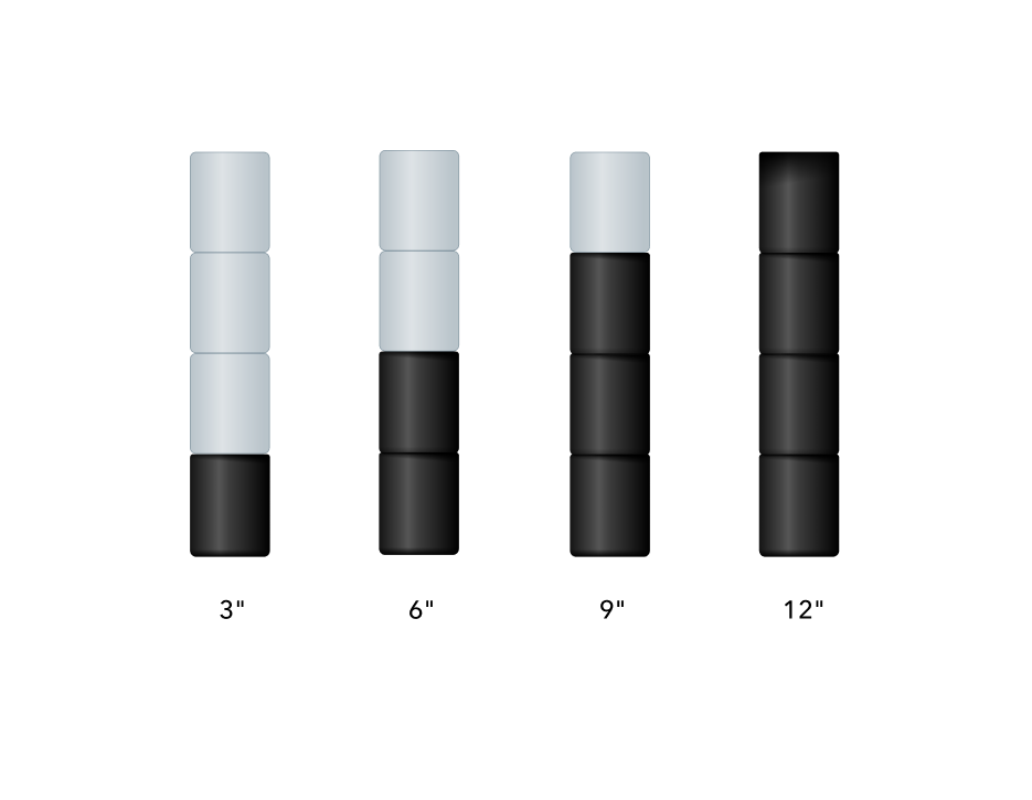 Image of platinum legs showing 3", 6", 9" and 12" example sizes