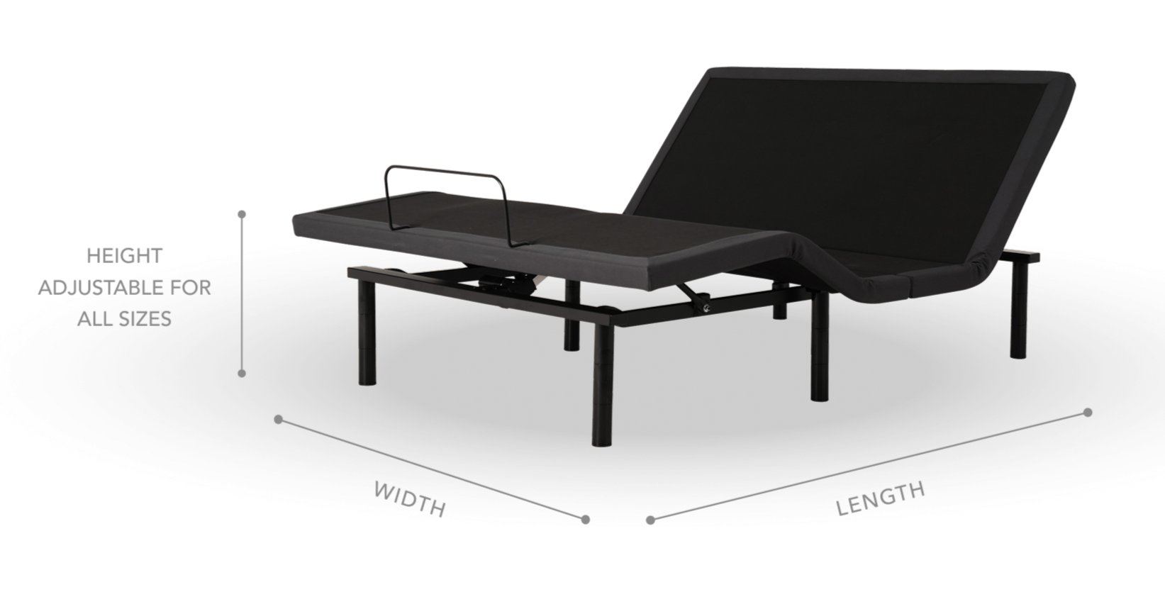 Cutaway image of an adjustable base with graphics that display width, length and height.